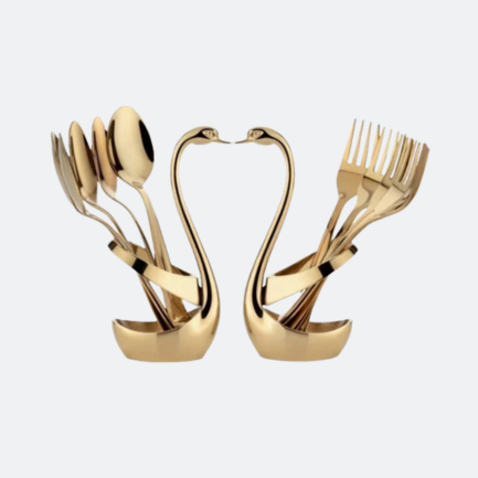 A luxury golden swan cutlery set featuring premium spoons and forks